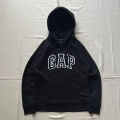 archive　アーカイブ古着　GAP　ギャップ　短丈フルジップアップパーカー　ブルゾン　薄手スウェット生地　ブラック　デカロゴワッペン　ラグランスリーブ　ロゴ刻印入ジップ　首元ヒモ　M　Y2K　平成ギャル　グランジ　big logo zip-up parka
