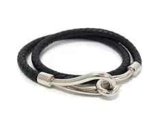 ■新品同様■ HERMES エルメス ジャンボ レザー 編み込み シルバー金具 2連 ブレスレット チョーカー アクセサリー ブラック系 BS3083