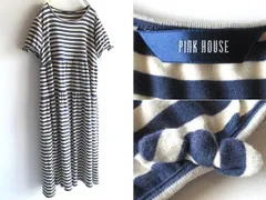 PINK HOUSE ピンクハウス 袖リボン 段々 ストレッチ 天竺ニット ボーダー ワンピース FREE ネイビー エクリュ KANEKO ISAO カネコイサオ