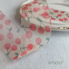 オーガンジー★幅広リボン★サクランボ★アイボリー×ゴールド★40mm幅★2m〈RT0037〉　ドール服　ラッピング　デコ　スクラップブッキング　コラージュ