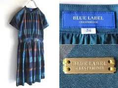 BLUE LABEL CRESTBRIDGE ブルーレーベル クレストブリッジ 金ロゴプレート フリル袖 チェック バンドカラー ワンピース 34 ネイビー ブルー