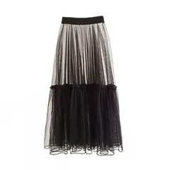 大振りチュールスカート ロング丈 レディース 夏 透け感 重ね着 オーバースカート ハイウエスト  シングルレイヤー ブラック