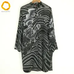 #a 詩仙堂 ヒトシタムラ コート 黒 グレー系 波柄 スタンドカラー ちりめん 和風 日本製 レディース [989019] k01