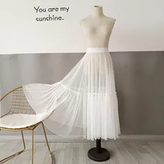 大振りチュールスカート ロング丈 レディース 夏 透け感 重ね着 オーバースカート ハイウエスト シングルレイヤー ホワイト