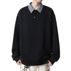 【新品】 [pletward] 春服 メンズ トレーナー vネック 長袖 パーカー ボタンダウン 重ね着風 ストリート系 韓国風 大きいサイズ カジュアル 体型カバー ストリート系 トップス 軽い 柔らかい ゆったり お出掛け Black-5XL 1