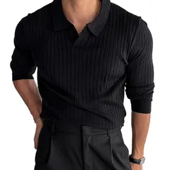 【新品】 [Manatsulife] ニット 長袖 メンズ ポロシャツ 開襟 ポロカラー インナー カットソー 縦柄 無地 ストレッチ 細身 カジュアル オシャレ ジム ビジネス 春秋 CX151 (JP, アルファベット, XL, ブラック) 1