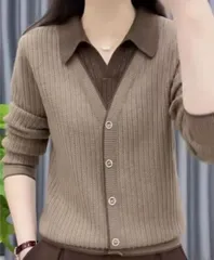 レディース ニット セーター 未使用 重ね着風 ポロシャツ ニットポロシャツ  Vネック トップス 長袖 オフィス きれいめ 大人 コーデ 上着  春 秋 zhouxi03