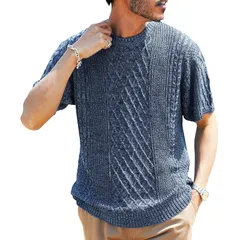 【新品】 [JIGGYS SHOP] ジギーズショップ サマーアランニット｜L Aインディゴ 春服 夏服 サマーセーター トップス 薄手 V U クルー ネック 丸首 無地 ボーダー 半袖 サーフ系 父の日 ドライ シンプル 大人 きれいめ カジュアル 1