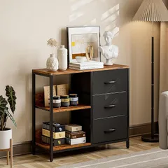 IKIFLY 収納チェスト 棚付き 洋服タンス リビングチェスト キャビネット 布製 引き出し 箪笥リビング収納 布製引き出し 収納ケース 衣類収納 軽量 コンパクト 省スペース スリム 木製天板 転倒防止 (ブラック,  3引き出し)