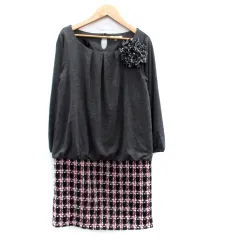 ナチュラルビューティーベーシック NATURAL BEAUTY BASIC ワンピース ラウンドネック 長袖 ミニ丈 ツイード 切替 M マルチカラー グレー /HO32