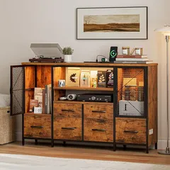 IKIFLY チェスト収納 タンス 棚付き リビングキャビネット 扉 箪笥リビング LEDライト テレビボード おしゃれ 収納ケース 引き出し 大容量 USBポート洋服タンス 布製 (ビンテージ, 120cm x 30cm x 75.5cm)