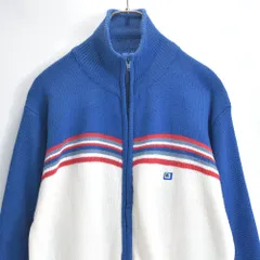 80〜90s BURTON CLUB バートンクラブ ラインデザイン ジップアップ ニット ジャケット スポーツ トラックジャケット ヴィンテージ ビンテージ 古着 ブルー メンズL相当