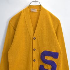 50〜60s WEBER'S ウェバーズ サガラワッペン 刺繍 ウールニット レタードカーディガン マスタード カラシ アイビー プレッピー ヴィンテージ ビンテージ USA アメリカ古着 メンズS相当