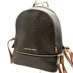 【美品】MICHAEL KORS マイケルコース MKモノグラム PVC×レザー リュックサック バックパック ブラウン ゴールド金具 総柄MKロゴ デイパック レディースバッグ カジュアル 通勤 通学 お出かけ
