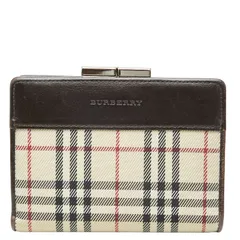 バーバリー ロンドン ノバチェック コンパクト がま口 二つ折り財布 ベージュ キャンバス レザー レディース BURBERRY【1-0257655】