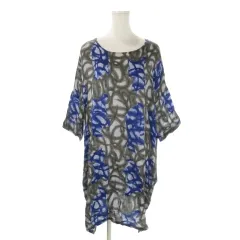 ズッカ zucca ワンピース M 青 ブルー グレー 抽象柄 ラウンドネック 七分袖 /AO20 ■ECD001