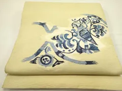 平和屋着物●八寸名古屋帯　本藍　すくい織　紬地　花鳥文　正絹　逸品　DABD0636op