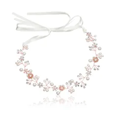 【新着商品】サムコス 髪飾り 花 パール 花かんむり リボン ホワイト ヘッドドレス クリスタルビーズ 花冠 ヘアアクセサリー 結婚式 発表会 披露宴 卒業式 パーティー ダンス 和装 撮影 写真 子供 大人用 (Aローズゴールド)
