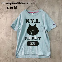 Champion×Ne-net チャンピオン ネネット にゃー コラボ Tシャツ ティーシャツ カットソー トップス 半袖 ポケット付 廃盤 希少 レア ライトブルー クルーネック ロゴ 刺繍 キャラクター Mサイズ ★ ■◆