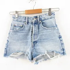 ザラ ZARA ショートパンツ ハイウエスト ダメージ 水色 32 *A62