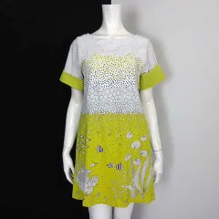 グラニフ graniph チュニック ワンピース カットソー マリン柄 総柄 切替 配色 コットン ロールアップ袖 半袖 M マルチカラー