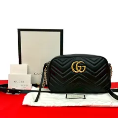 極 美品 箱 袋付き GUCCI グッチ GGマーモント ロゴ 金具 キルティング レザー 本革 チェーン ショルダーバッグ ポシェット ブラック 85103