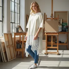 K00149 ZARA レース切り替え アシンメトリーTシャツワンピース アイボリー M 春 夏