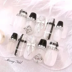 No.94オーダー♡量産型ワンホン韓国フレンチガーリーリボンスナ系ネイルチップ チェック リボン