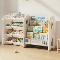 ワイドタイプ スリム 組み合わせ可能 大容量 ラックセット グレー+ホワイト 4段 3段 絵本棚 おもちゃ棚 OSJ