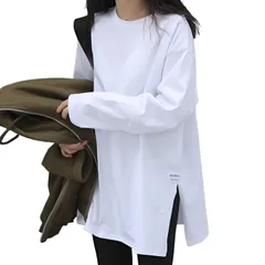 [レグエイト] 長袖 Tシャツ レディース ゆったり ロンT 無地 韓国 スリット カットソー オーバーサイズ トップス 薄手 大きい 黒 白 Uネック 夏 春 秋 (JP, アルファベット, XL, ホワイト) [ホワイト] [XL]