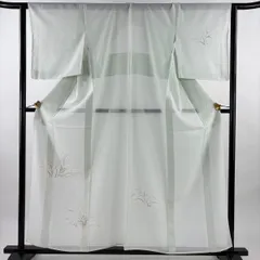 付下げ 身丈158cm 裄丈62.5cm S 薄物 絽 草花 波 ぼかし 薄緑 正絹 秀品 一つ紋 【中古】