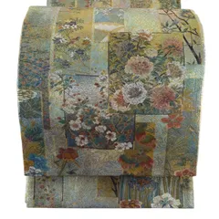 【美品】 丸帯 名品 枝花 鳥 箔 金糸 薄緑 六通 正絹 【中古】