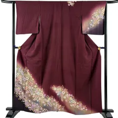 付下げ 身丈161.5cm 裄丈64.5cm M 袷 辻が花 金彩 ぼかし 赤紫 正絹 秀品 【中古】
