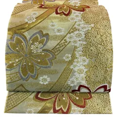 【美品】 袋帯 秀品 振袖向き 桜 熨斗 金糸 箔 金色 六通 正絹 【中古】