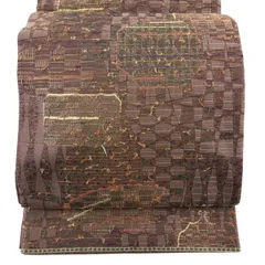【美品】 袋帯 秀品 幾何学模様 金糸 銀糸 焦茶色 六通 正絹 【中古】