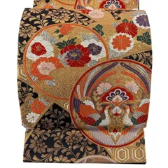 【美品】 袋帯 秀品 関西仕立て 向かい鳥 牡丹 金銀糸 箔 黒 六通 正絹 【中古】