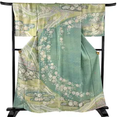 【美品】 訪問着 身丈161cm 裄丈67cm M 袷 落款 辻が花 ヱ霞 銀通し 薄緑 正絹 逸品 【中古】