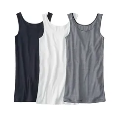 [ニッセン] タンクトップ 綿１００%ロング丈タンクトップ３枚組 黒+白+ボーダー(転写ネーム) 3L