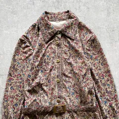 昭和レトロ ベージュ地マルチカラー小花総ベルト付き長袖ロングワンピース9号