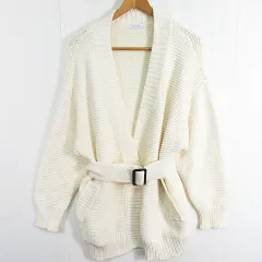 ジーナシス JEANASIS ニット カーディガン ミディアム丈 長袖 ベルト付き 綿 F アイボリー kz10655