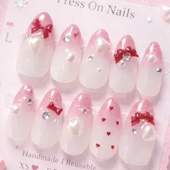 【受注制作】No.02 愛されリボンハートネイル♡ ネイルチップ グラデーションネイル リボン ピンク 赤 白 ホワイト レッド パール ハート ハートホロ y2k 量産型 韓国 ワンホン 大人可愛い キラキラ ちゅるん 綺麗