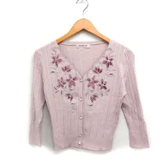 アプワイザーリッシェ Apuweiser-riche リブ ニット カーディガン フラワー刺繍 7分袖 2 スモーキーピンク /FT45