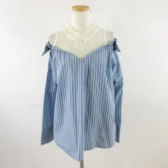 イング INGNI オフショルブラウス カットソー レースレイヤーストライプ 長袖 青 白 M *A93