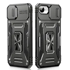 【米軍MIL規格 & スライド式カメラカバー】iPhone 16E 用 ケース カメラ保護付【 360°回転 横縦両立・角度自由調整】指紋防止耐衝撃ヘビーデューティ 頑丈ケース 耐久性 SGS認証 iPhone 16E 6.1インチ用 0