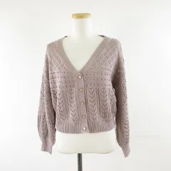グレイル GRL 透かし編みVネックショート丈カーディガン 長袖 紫 F *A607