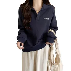【新品】 [R10righten] トレーナー レディース プルオーバー トップス 長袖 ポロシャツ Vネック 襟付き ゆったり スウェットシャツ 柔らかい おしゃれ ポリエステル混紡 通勤通学 日常着 カジュアル シンプル 着痩せ 春 秋