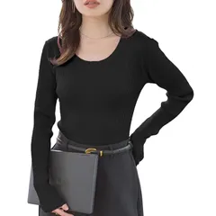 【新品】 [神戸レタス] リブニット セーター ニット レディース 長袖 オフィス トップス 秋 冬 秋服 冬服 春服 春 通勤 会社 OL ベーシック シンプル きれいめ 20代 30代 40代 50代 [C2717] M Uネック ブラック 0
