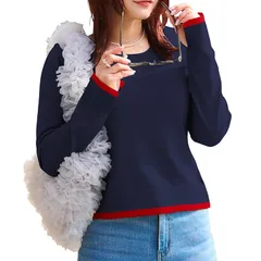 【新品】 [神戸レタス] ニット トップス セーター レディース バイカラー ニット 着やせ 着痩せ 体型カバー 春服 春 [N1159] L ネイビー/レッド 1