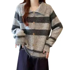 【新品】 [Guooryvner] グオーリーブナー セーター レディース - リブ ニット 長袖 トップス カジュアル おしゃれ ゆったり 春 秋 冬 可愛い 襟付き 柔らか 大きいサイズ 体型カバー シンプル カットソー 通勤 プルオーバー ボーダー  0