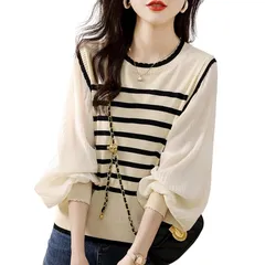 【新品】 [7-livehouse] セーター レディース ニット 切り替え カットソー 長袖 春 秋 トップス 薄手 プルオーバー 丸首 上品 おしゃれ ボーダー パフスリーブ ゆったり 体型カバー 大人 可愛い 通勤 カジュアル 0